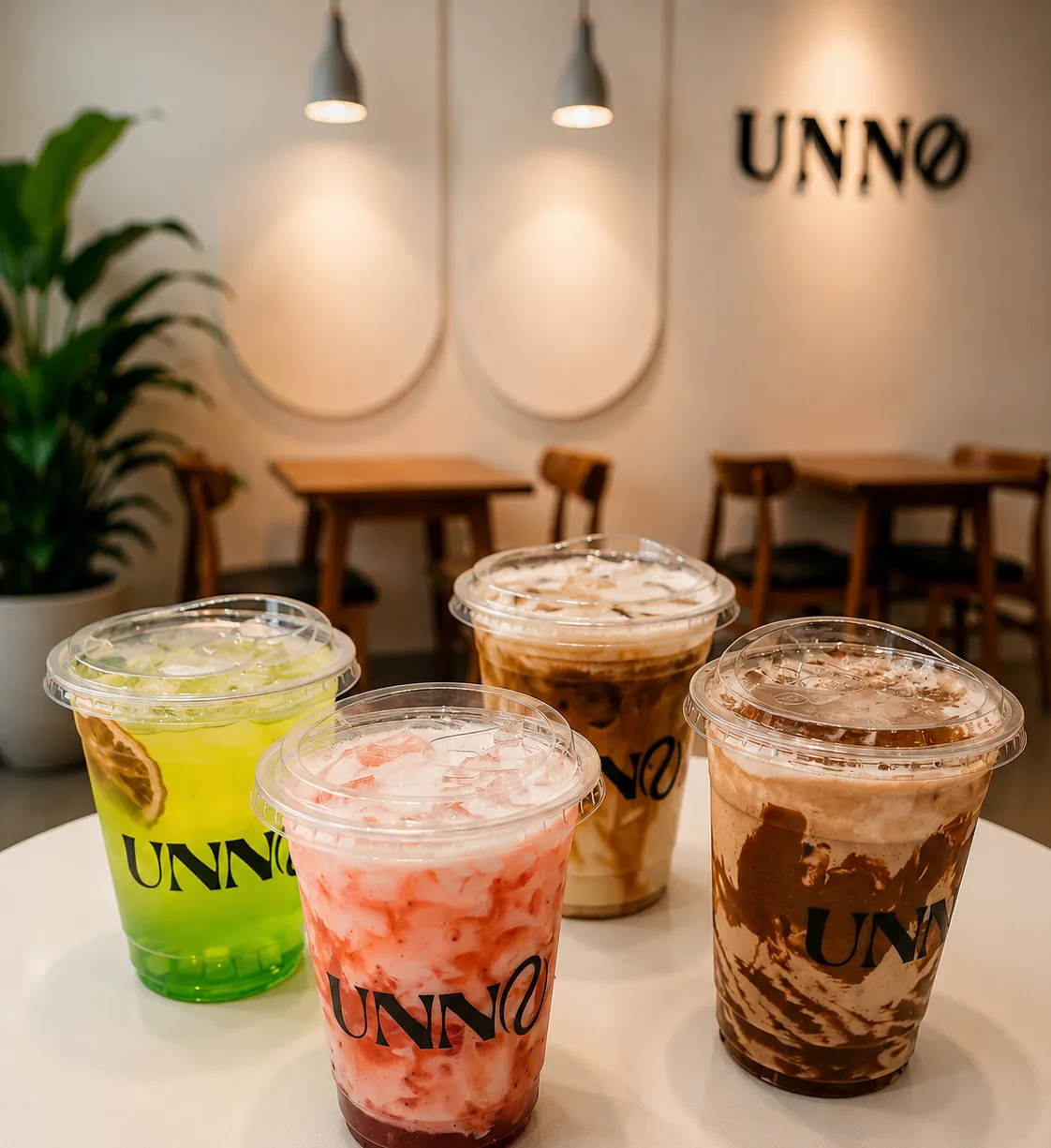 Four Unno iced drinks on a café table, with the Unno sign on the wall behind